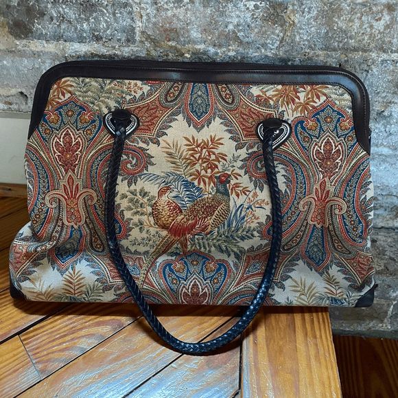 Brighton Pheasant Tapestry and Leather Weekender Tote - RARE Collectors Purse - Picture 8 of 13